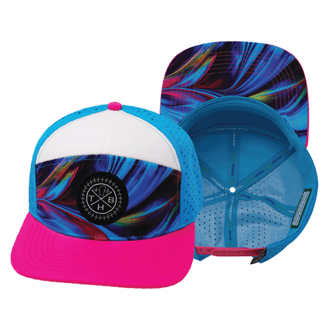 Color Vibes Hat, Flat Bill, Snapback Hat, Feather Glow, Neon Pink, White, Neon Blue, Mens Hat, Womens Hat, Main Picture 