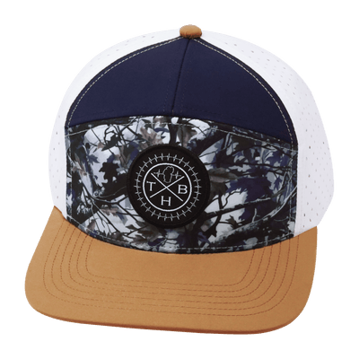 Color Vibes Hat, Flat Bill, Snapback Hat,  Evenings Leaves, Light Tan, Navy, White, Mens Hat, Womens Hat, Front Picture   