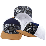 Color Vibes Hat, Flat Bill, Snapback Hat, Evenings Leaves, Light Tan, Navy, White, Mens Hat, Womens Hat, Main Picture 