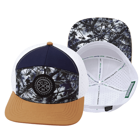 Color Vibes Hat, Flat Bill, Snapback Hat, Evenings Leaves, Light Tan, Navy, White, Mens Hat, Womens Hat, Main Picture 