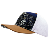 Color Vibes Hat, Flat Bill, Snapback Hat, Evenings Leaves, Light Tan, Navy, White, Mens Hat, Womens Hat, Side Picture 