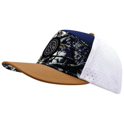 Color Vibes Hat, Flat Bill, Snapback Hat,  Evenings Leaves, Light Tan, Navy, White, Mens Hat, Womens Hat, Side Picture   