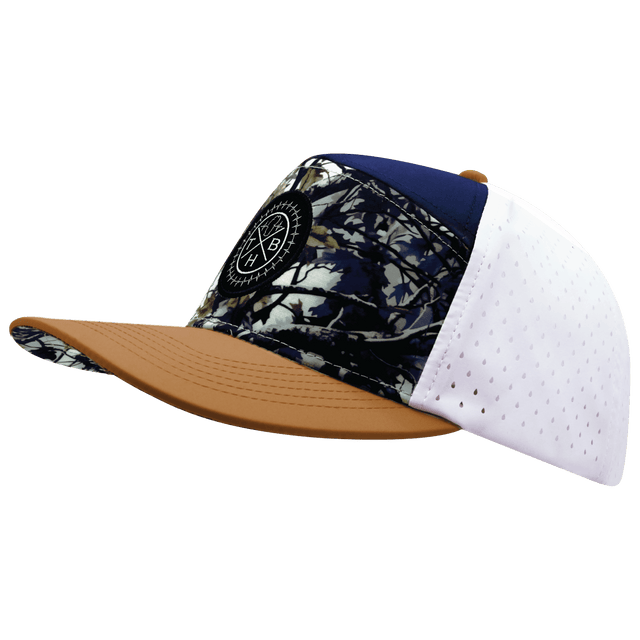 Color Vibes Hat, Flat Bill, Snapback Hat, Evenings Leaves, Light Tan, Navy, White, Mens Hat, Womens Hat, Side Picture 