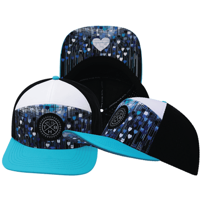 **ADULT** Color Vibes Hat — Flat Bill, Love Rising, Neon Green Blue / White / Black, Laser Mesh