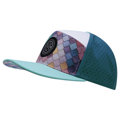 Color Vibes Hat, Flat Bill, Snapback Hat, Mosaic Scales, Mint, White, Slate Blue, Mens Hat, Womens Hat, Side Picture