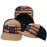 Color Vibes Hat, Flat Bill, Snapback Hat, Stained Flag, Light Tan, Navy, Mens Hat, Womens Hat, Main Picture