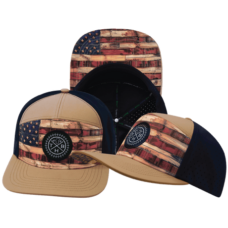 Color Vibes Hat, Flat Bill, Snapback Hat, Stained Flag, Light Tan, Navy, Mens Hat, Womens Hat, Main Picture
