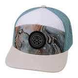 Color Vibes Hat, Flat Bill, Snapback Hat, Marble Earth, Cream, White, Light Blue, Mens Hat, Womens Hat, Front Picture