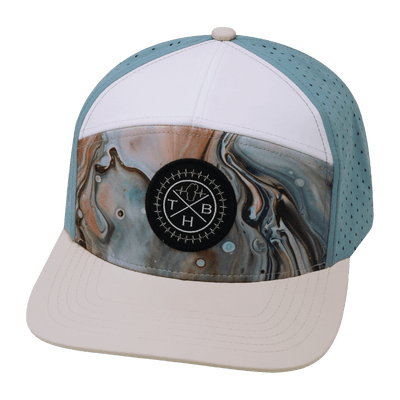 Color Vibes Hat, Flat Bill, Snapback Hat, Marble Earth, Cream, White, Light Blue, Mens Hat, Womens Hat, Front Picture