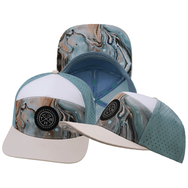 Color Vibes Hat, Flat Bill, Snapback Hat, Marble Earth, Cream, White, Light Blue, Mens Hat, Womens Hat, Main Picture 