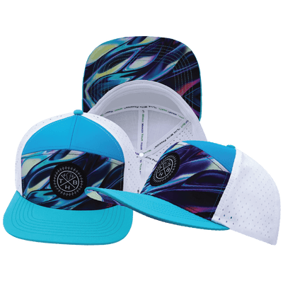 **ADULT** Color Vibes Hat — Flat Bill, Molten Dream, Neon Green Blue / Neon Blue / White, Laser Mesh