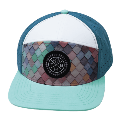 Color Vibes Hat, Flat Bill, Snapback Hat, Mosaic Scales, Mint, White, Slate Blue, Mens Hat, Womens Hat, Front Picture
