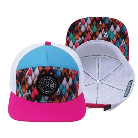 Color Vibes Hat, Flat Bill, Snapback Hat, Neon Peaks, Neon Pink, Neon Green Blue, White, Mens Hat, Womens Hat, Main Picture