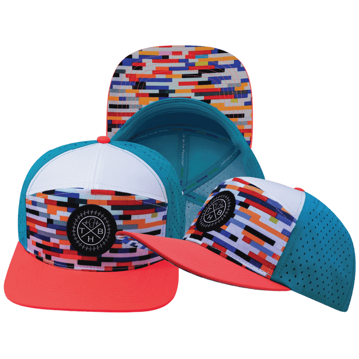 **ADULT** Color Vibes Hat - Flat Bill - Party Blocks - Neon Peach / White / Neon Blue - Laser Mesh