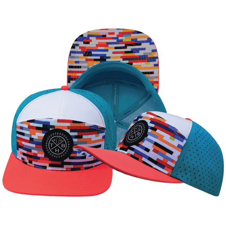 Color Vibes Hat, Flat Bill, Snapback Hat, Party Blocks, Neon Peach, White, Neon Blue, Mens Hat, Womens Hat, Main Picture 