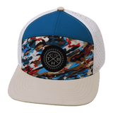 Color Vibes Hat, Flat Bill, Snapback Hat, Party Camo, Cream, Blue, White, Mens Hat, Womens Hat, Front Picture 