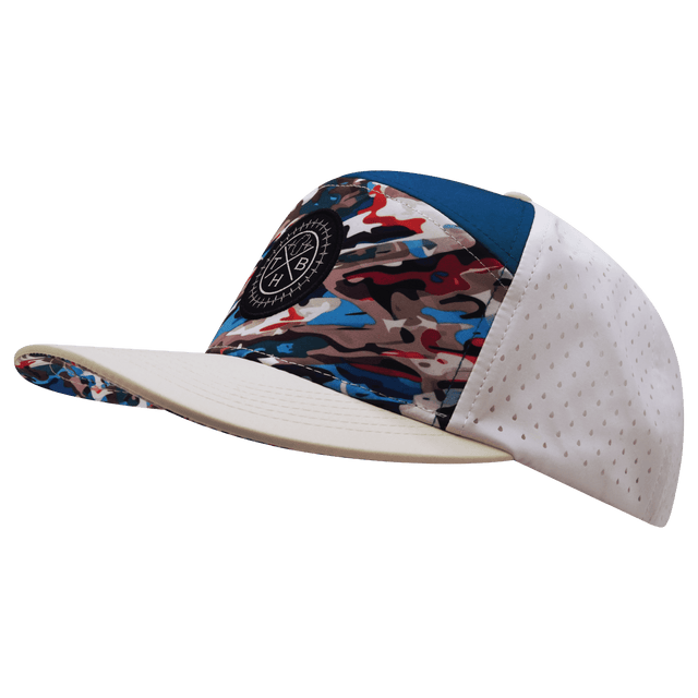 Color Vibes Hat, Flat Bill, Snapback Hat, Party Camo, Cream, Blue, White, Mens Hat, Womens Hat, Side Picture 