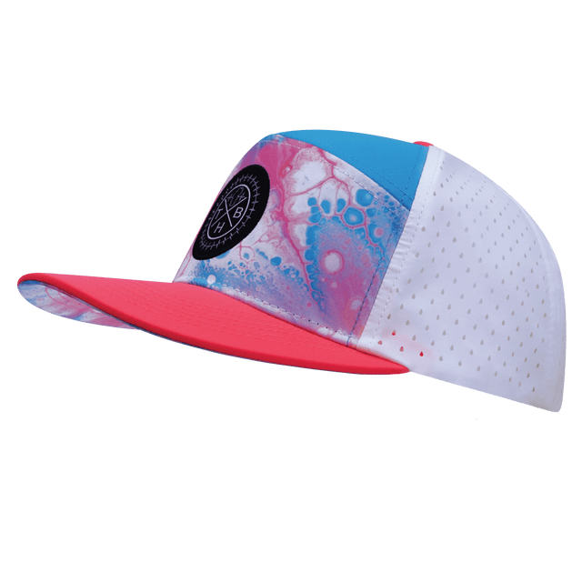 Color Vibes Hat, Flat Bill, Snapback Hat, Pixi Dust, Neon Peach, Neon Blue, White, Mens Hat, Womens Hat, Side Picture 