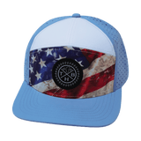 Color Vibes Hat, Flat Bill, Snapback Hat, Rugged Flag, Baby Blue, White, Mens Hat, Womens Hat, Front Picture 