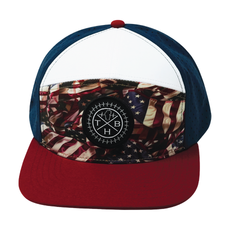 Color Vibes Hat, Flat Bill, Snapback Hat, Silk Flag, Dark Red, White, Navy, Mens Hat, Womens Hat, Front Picture 