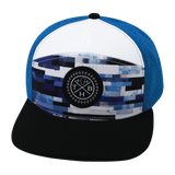 Color Vibes Hat, Flat Bill, Snapback Hat, Sky Blocks, Black, White, Blue, Mens Hat, Womens Hat, Front Picture  