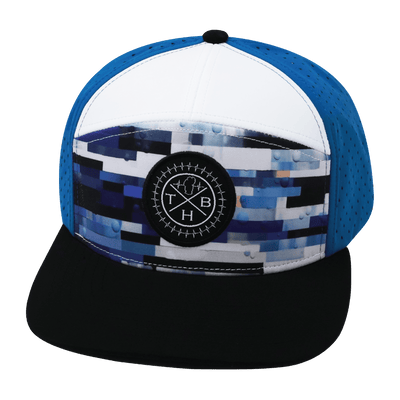 Color Vibes Hat, Flat Bill, Snapback Hat, Sky Blocks, Black, White, Blue, Mens Hat, Womens Hat, Front Picture  