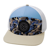Color Vibes Hat, Flat Bill, Snapback Hat, Sky Camo, Cream, Baby Blue, White, Mens Hat, Womens Hat, Front Picture