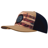 Color Vibes Hat, Flat Bill, Snapback Hat, Stained Flag, Light Tan, Navy, Mens Hat, Womens Hat, Side Picture