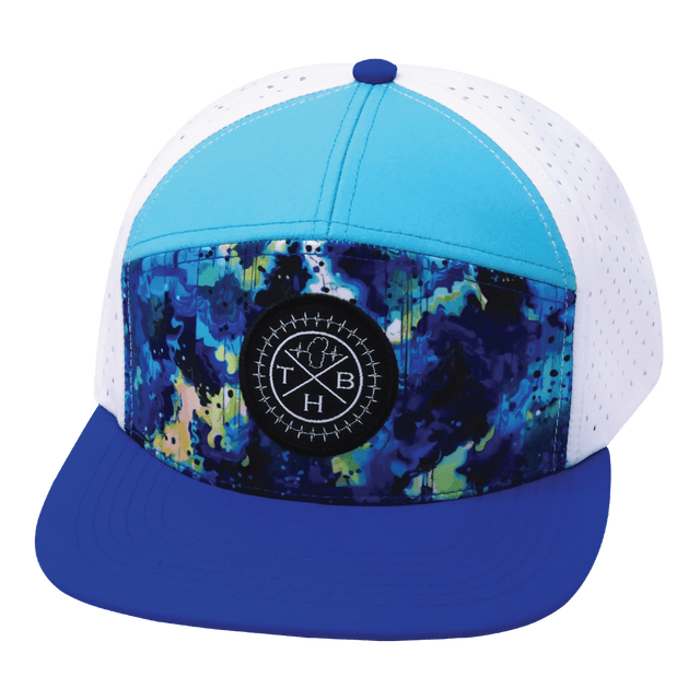 Color Vibes Hat, Flat Bill, Snapback Hat, Starry Bright, Blue, Neon Green Blue, White, Mens Hat, Womens Hat, Front Picture 
