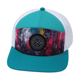 Color Vibes Hat, Flat Bill, Snapback Hat, Street Art, Neon Blue, Neon Green Blue, White, Mens Hat, Womens Hat, Front Picture