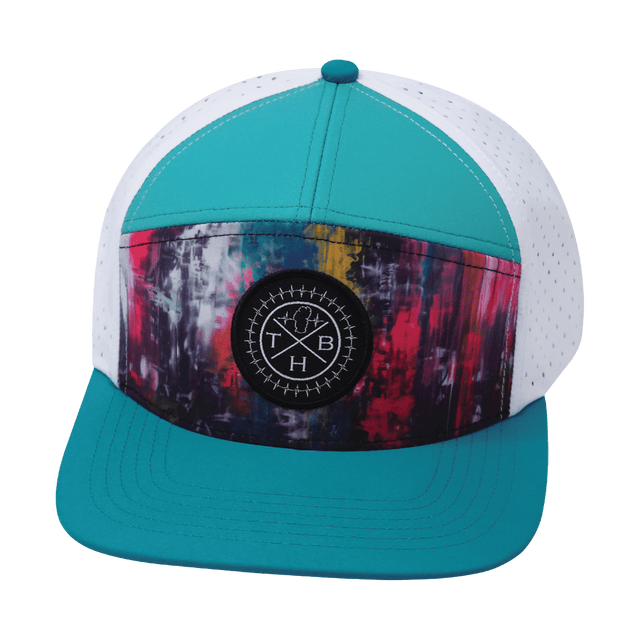 Color Vibes Hat, Flat Bill, Snapback Hat, Street Art, Neon Blue, Neon Green Blue, White, Mens Hat, Womens Hat, Front Picture