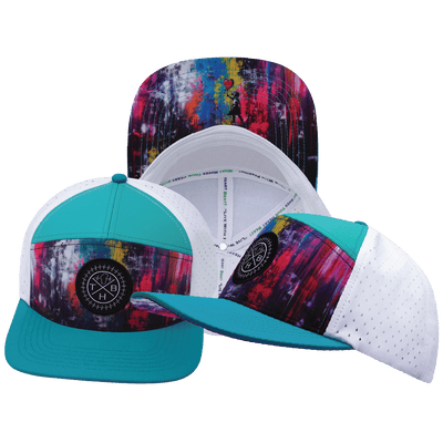 **ADULT** Color Vibes Hat — Flat Bill, Street Art, Neon Blue / Neon Green Blue / White, Laser Mesh