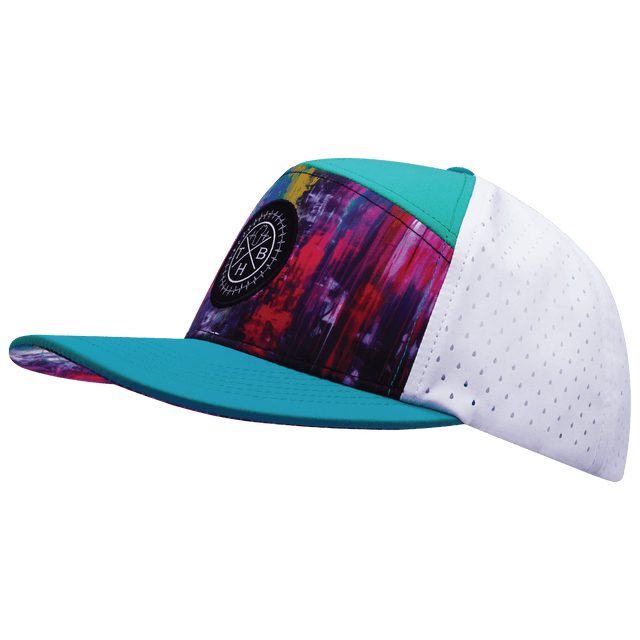 Color Vibes Hat, Flat Bill, Snapback Hat, Street Art, Neon Blue, Neon Green Blue, White, Mens Hat, Womens Hat, Side Picture 