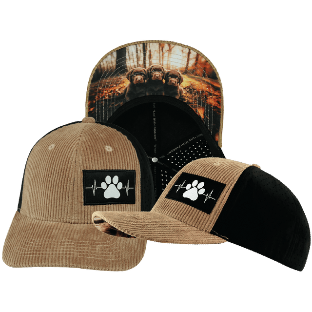 Dog Hat, Baseball Hat, Snapback Hat, Corduroy, Tan, Black, Mens Hat, Womens Hat, Main Picture