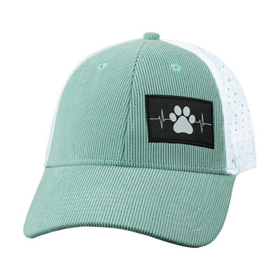 Dog Hat, Low Profile, Ponytail, Snapback Hat, Corduroy, Mint, White, Mens Hat, Womens Hat, Front Picture 