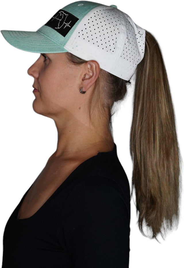 Florida Hat, Low Profile, Ponytail, Snapback Hat, Teal, White, Mens Hat, Womens Hat, Side Woman In Hat Picture 