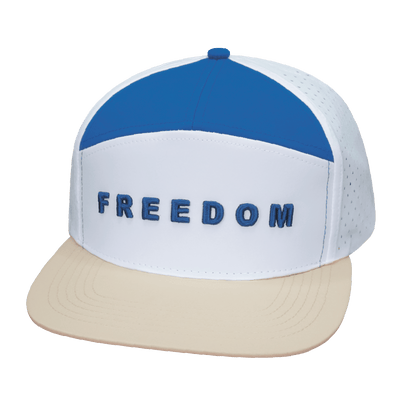 Freedom Hat, Flat Bill, Snapback Hat, Cream, White, Blue,  Mens Hat, Womens Hat, Front Picture