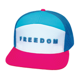 Freedom Hat, Flat Bill, Snapback Hat, Neon Pink, White, Neon Blue, Slate Blue, Mens Hat, Womens Hat, Front Picture