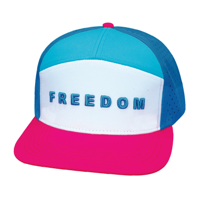 Freedom Hat, Flat Bill, Snapback Hat, Neon Pink, White, Neon Blue, Slate Blue, Mens Hat, Womens Hat, Front Picture