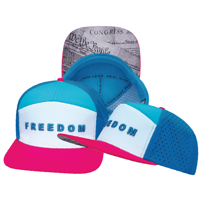 Freedom Hat, Flat Bill, Snapback Hat, Neon Pink, White, Neon Blue, Slate Blue, Mens Hat, Womens Hat, Main Picture
