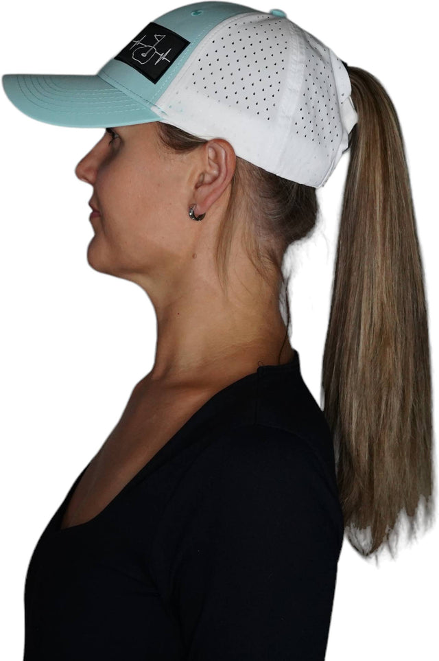 Golf Hat, Low Profile, Ponytail, Snapback Hat, Mint Green, White, Mens Hat, Womens Hat, Side Woman In Hat Picture 