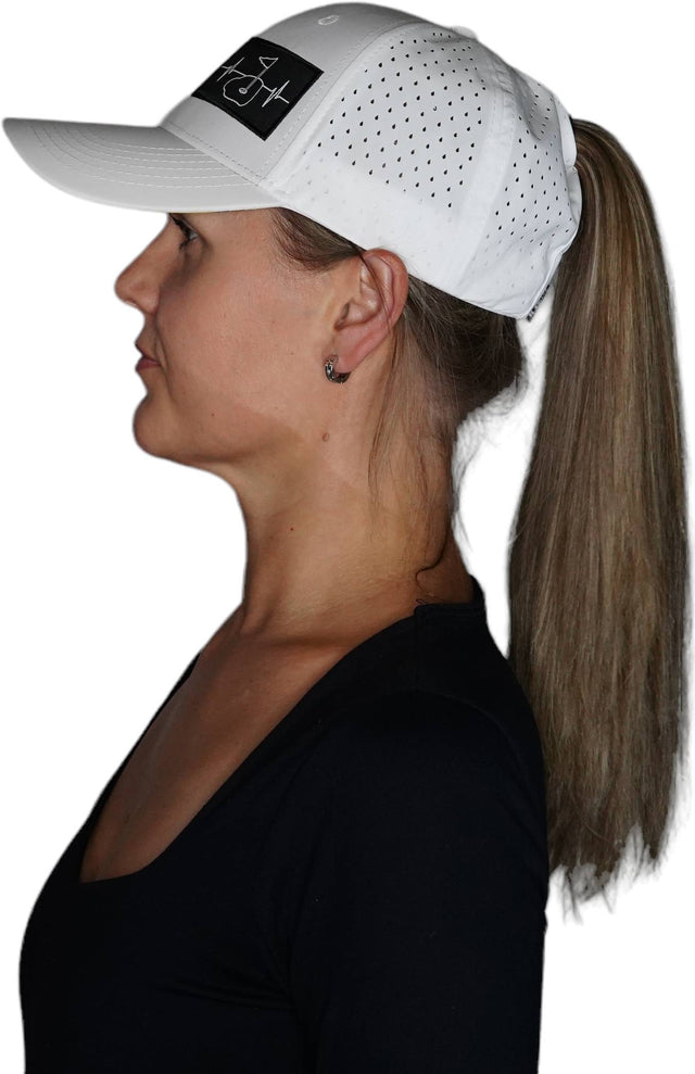 Golf Hat, Low Profile, Ponytail, Snapback Hat, White, Mens Hat, Womens Hat, Side Woman In Hat Picture 