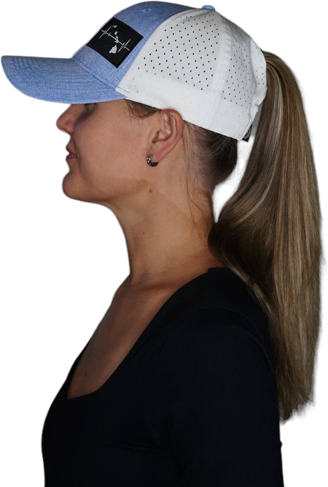 Hawaii Hat, Low Profile, Ponytail, Snapback Hat, Light Blue, White, Mens Hat, Womens Hat, SidenWoman In Hat Picture 