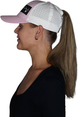 Hawaii Hat, Low Profile, Ponytail, Snapback Hat, Pink, White, Mens Hat, Womens Hat, Side Woman In Hat Picture 