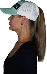 Hawaii Hat, Low Profile, Ponytail, Snapback Hat, Teal, White, Mens Hat, Womens Hat, Side Woman In Hat Picture 