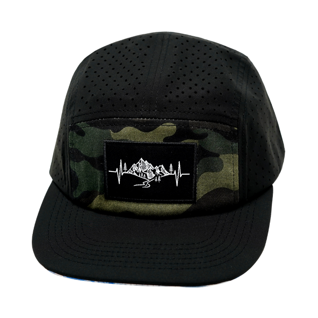 Mountains Hat, 5 Panel Hat, Snapback, Black, Green Camo, Mens Hat, Womens Hat, Front Picture