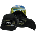 Mountains Hat - 5 Panel - Black / Green Camo - Laser Mesh
