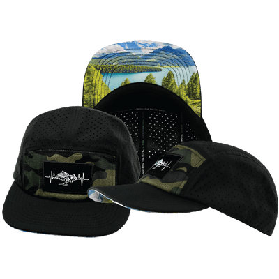 Mountains Hat — 5 Panel, Black / Green Camo, Laser Mesh