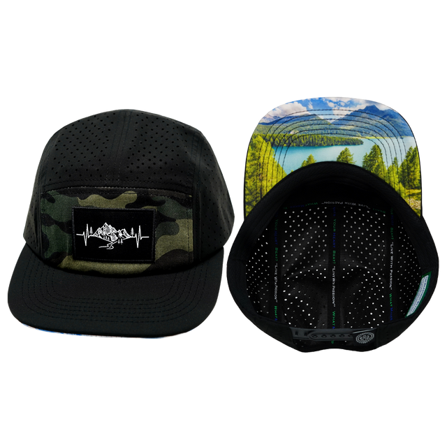 Mountains Hat, 5 Panel Hat, Snapback, Black, Green Camo, Mens Hat, Womens Hat, Main Picture