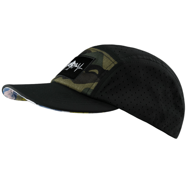 Mountains Hat, 5 Panel Hat, Snapback, Black, Green Camo, Mens Hat, Womens Hat, Side Picture 